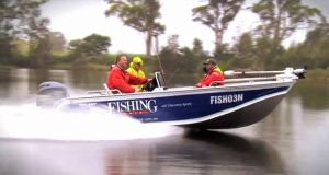 Haines Hunter MD John Haber displays a 760 prototype hull.